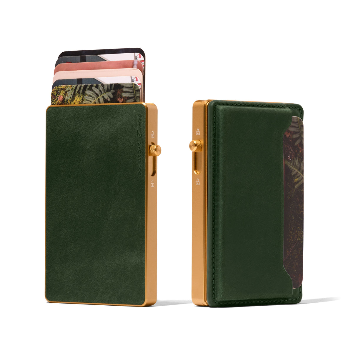 Green leather cardholder wallet shown side view with card slots and gold-tone latch.