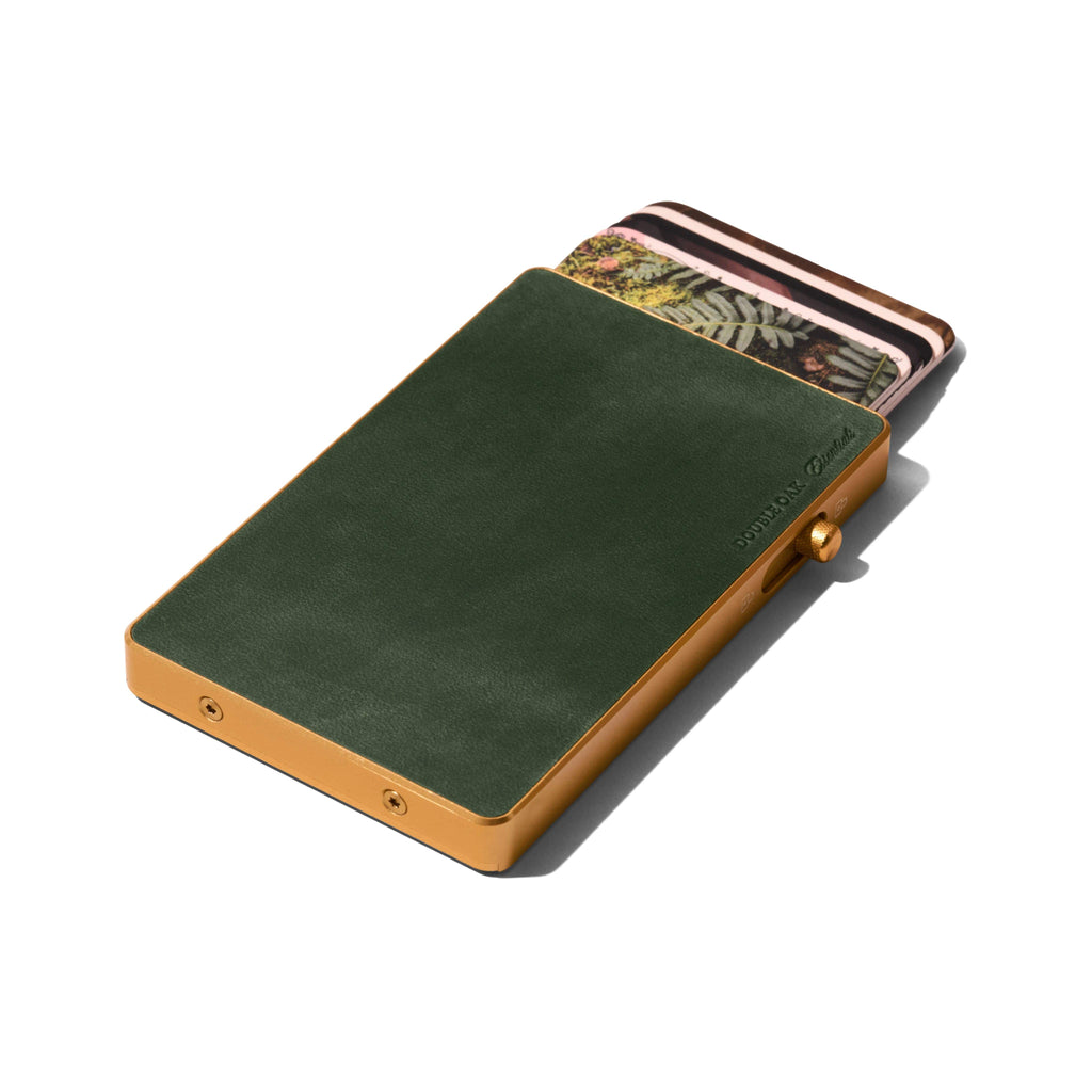 Green leather mod wallet cardholder with tan metal edges and stacked card slots
