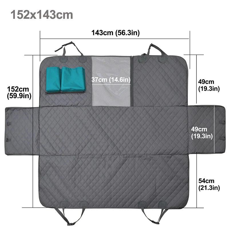 Gray quilted pet car seat protector hammock cover unfolded with layout lines