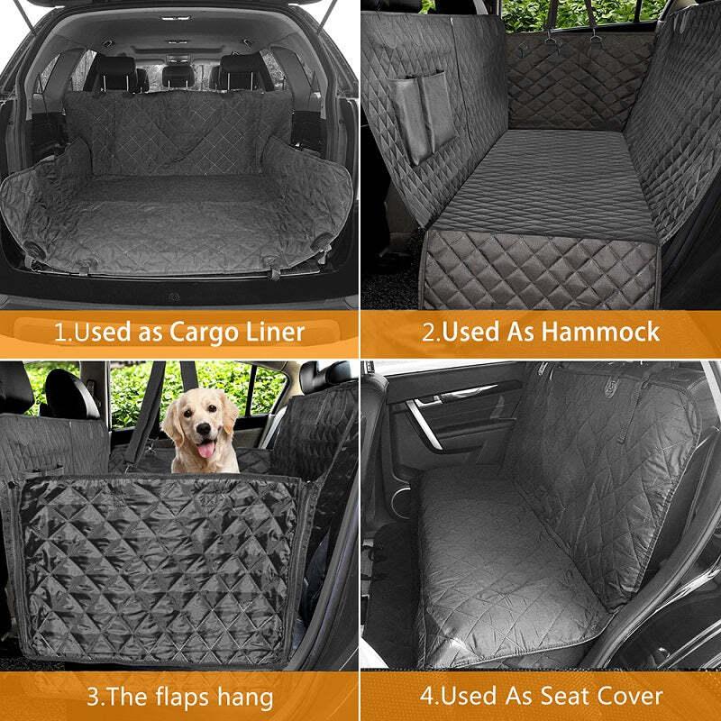 Gray quilted pet car protector cover shown for multiple uses