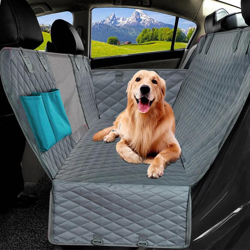 Light gray quilted pet car seat protector hammock cover fitted on rear seat