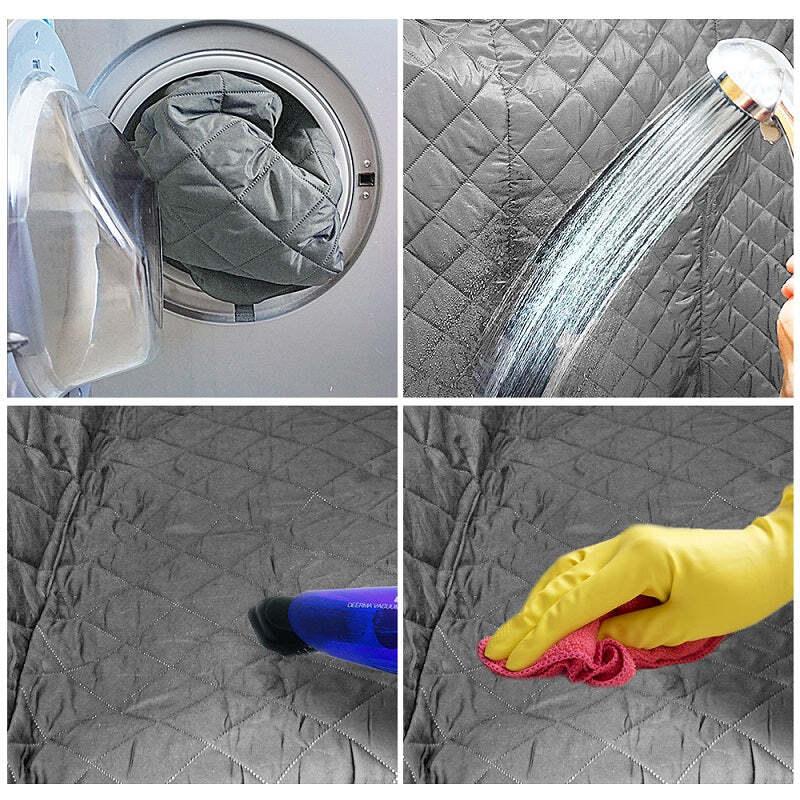 Gray quilted pet car protector fabric shown being washed and sprayed