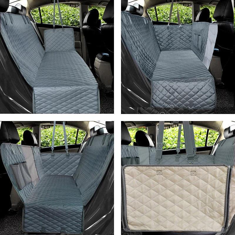 Light gray and beige quilted pet car protector cover on rear seat positions