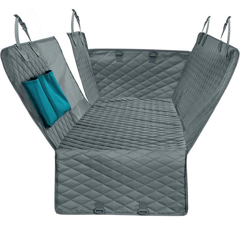 Gray quilted pet car seat protector hammock cover with teal side pocket