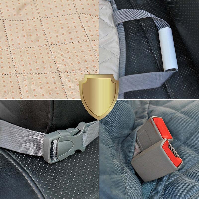 Gray pet car seat protector with rolled storage, buckles, and seatbelt slots