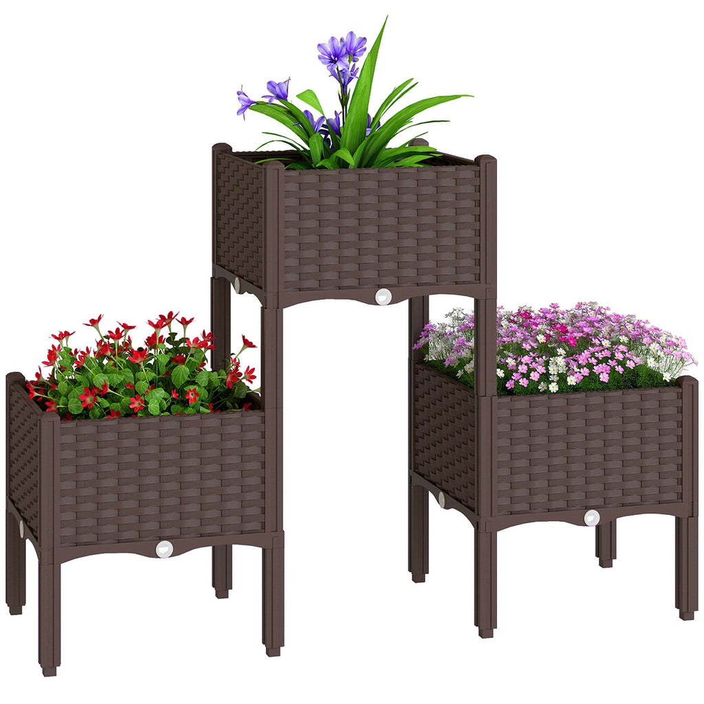 Brown rattan-look raised garden bed set with legs, three planter boxes