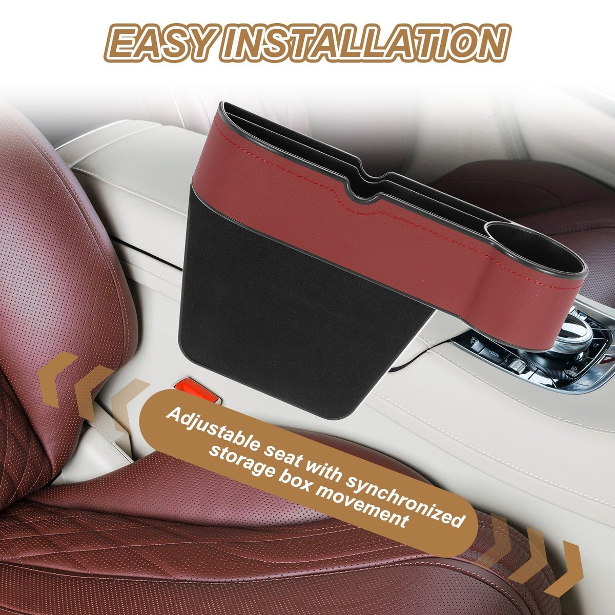Red and black car seat gap filler organizer installed beside the car seat