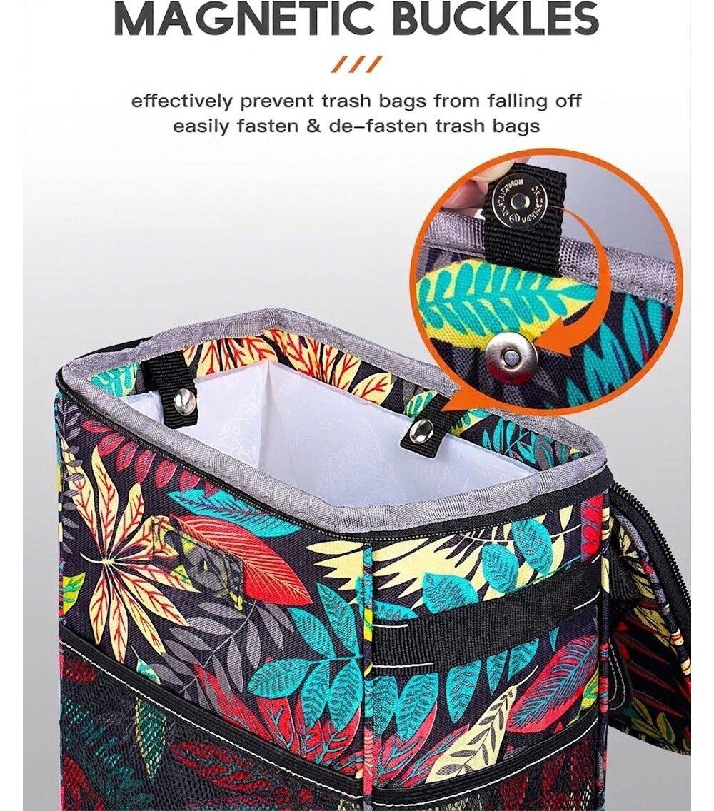 Car trash can organizer with lid open, autumn leaves pattern and interior liner