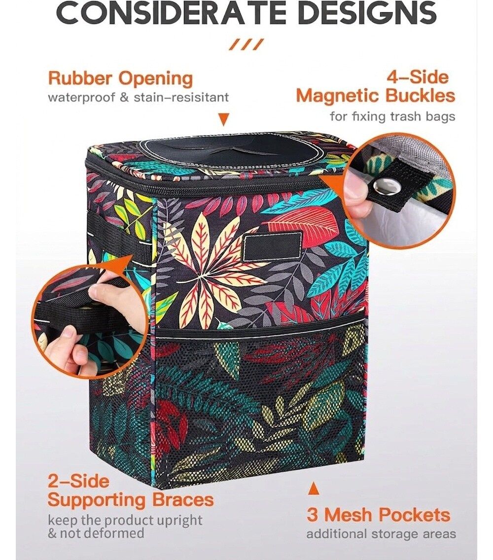 Car trash can organizer with autumn leaves pattern, side magnetic buckle and pocket
