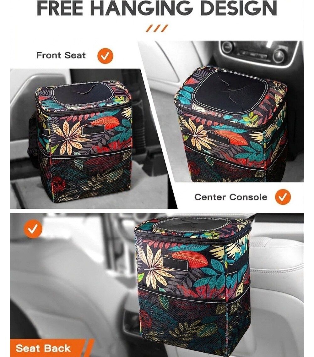 Car trash can with lid, autumn leaves patterned fabric, shown mounted on car seating