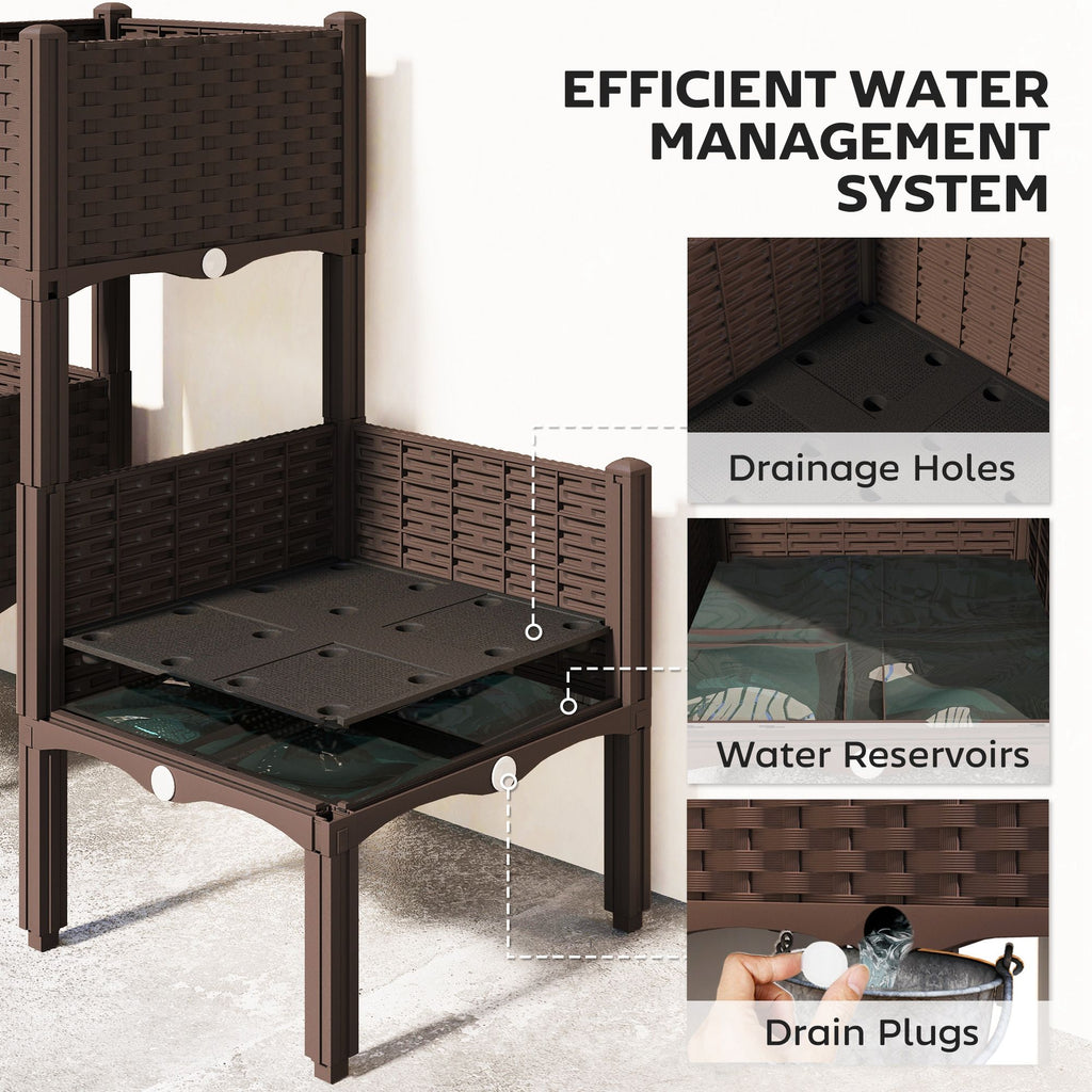 Brown rattan-look raised bed with drainage holes and water reservoir tray