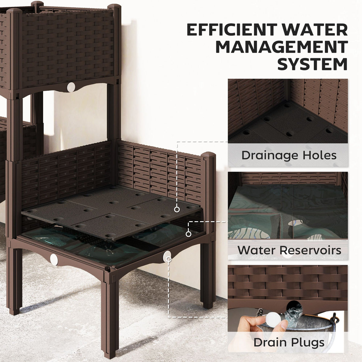 Brown rattan-look raised bed with drainage holes and water reservoir tray