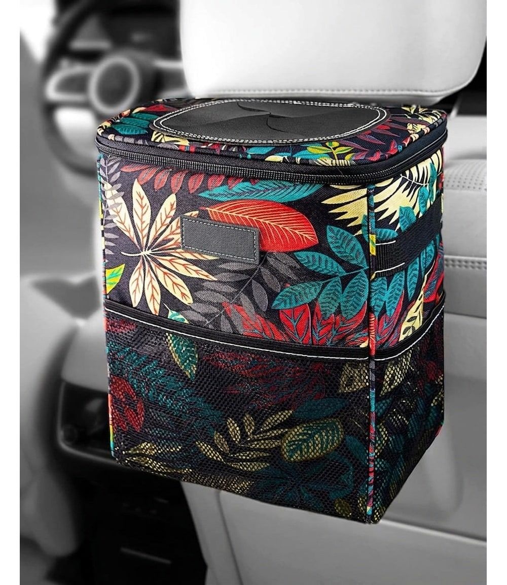Car trash can with lid, leak-proof organizer with autumn leaves fabric pattern