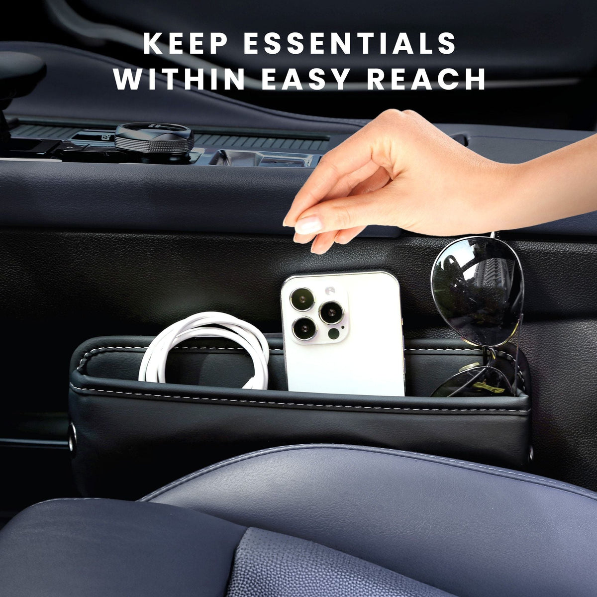 Black car seat gap organizer with phone and cable inside the easy-access pocket