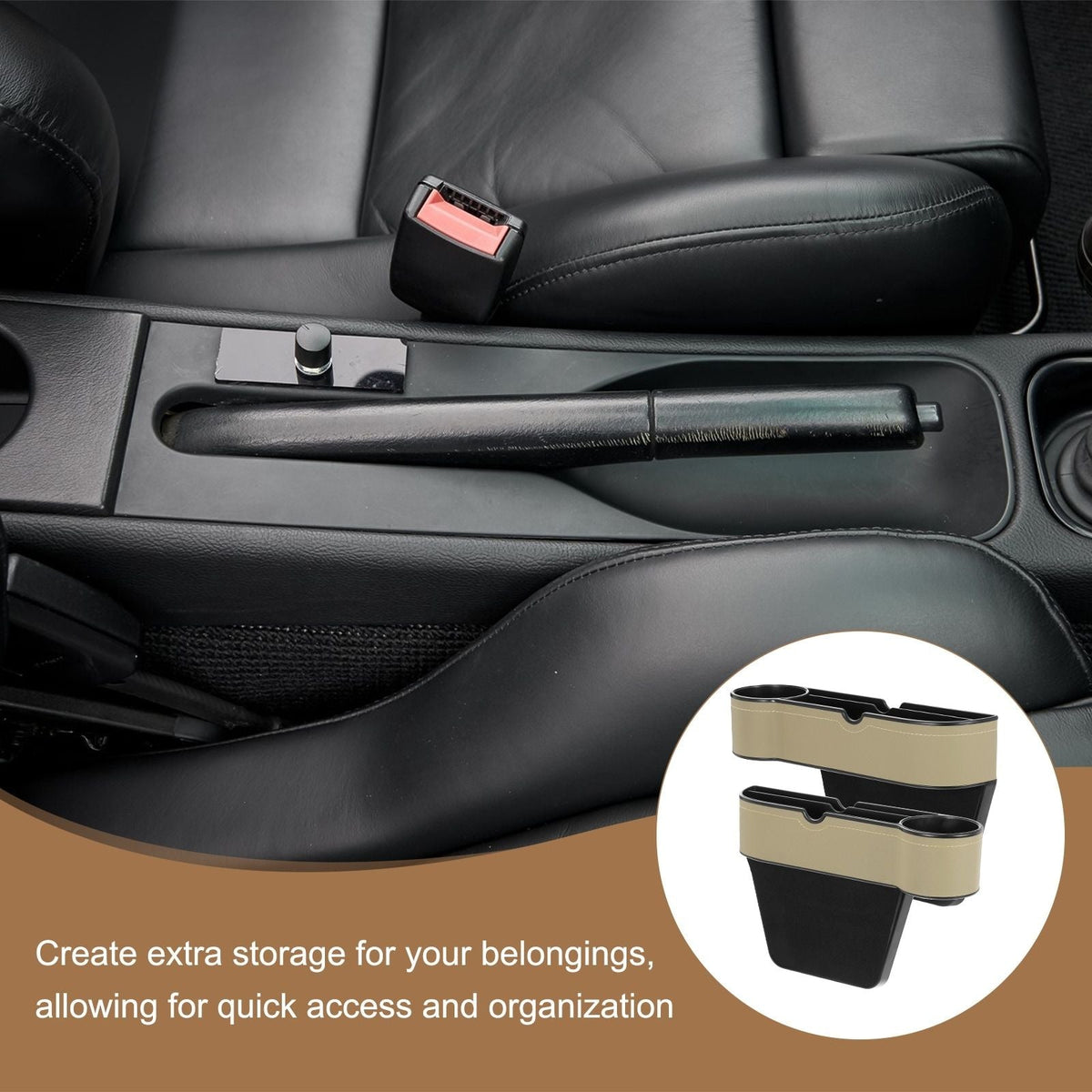 Black car seat gap filler organizer installed in the center console gap