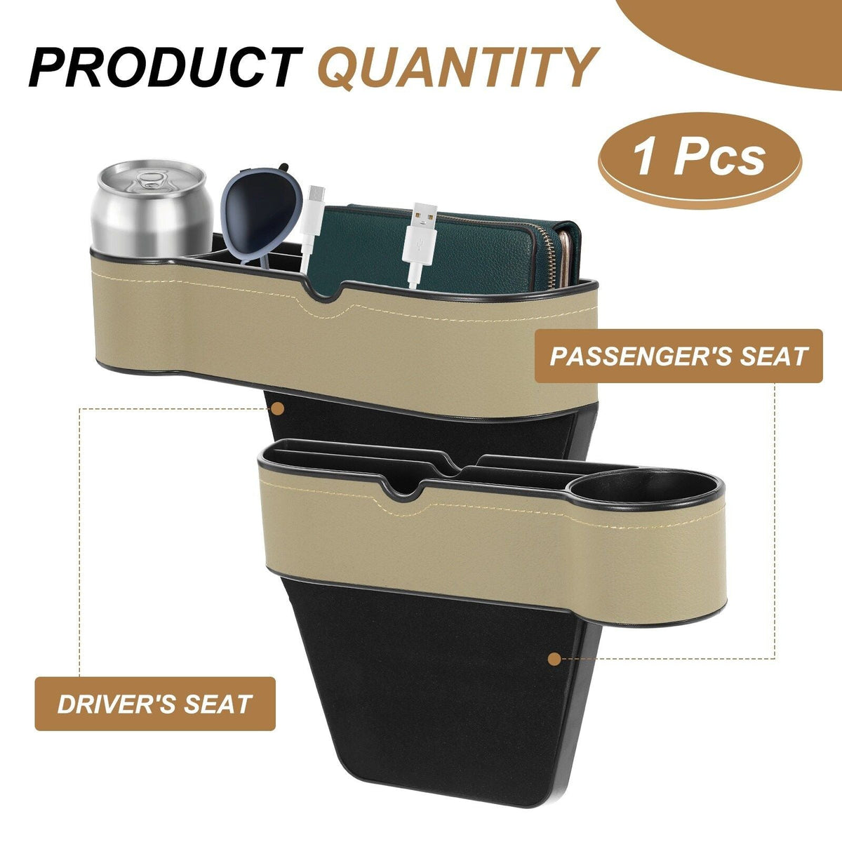 Car seat gap organizer with cup holder, shown as driver and passenger seat inserts