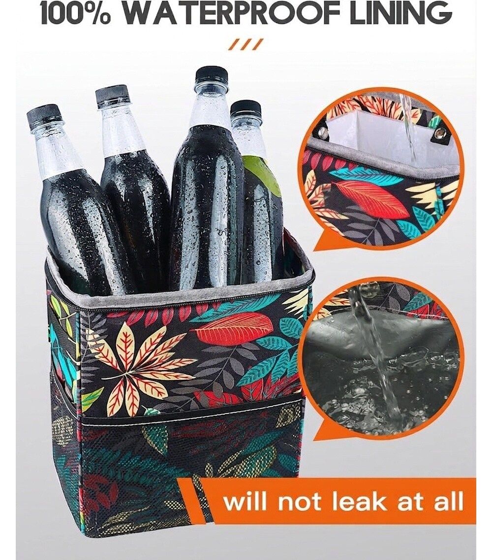 Car trash can with lid and autumn leaves pattern, waterproof-lined interior with bottles