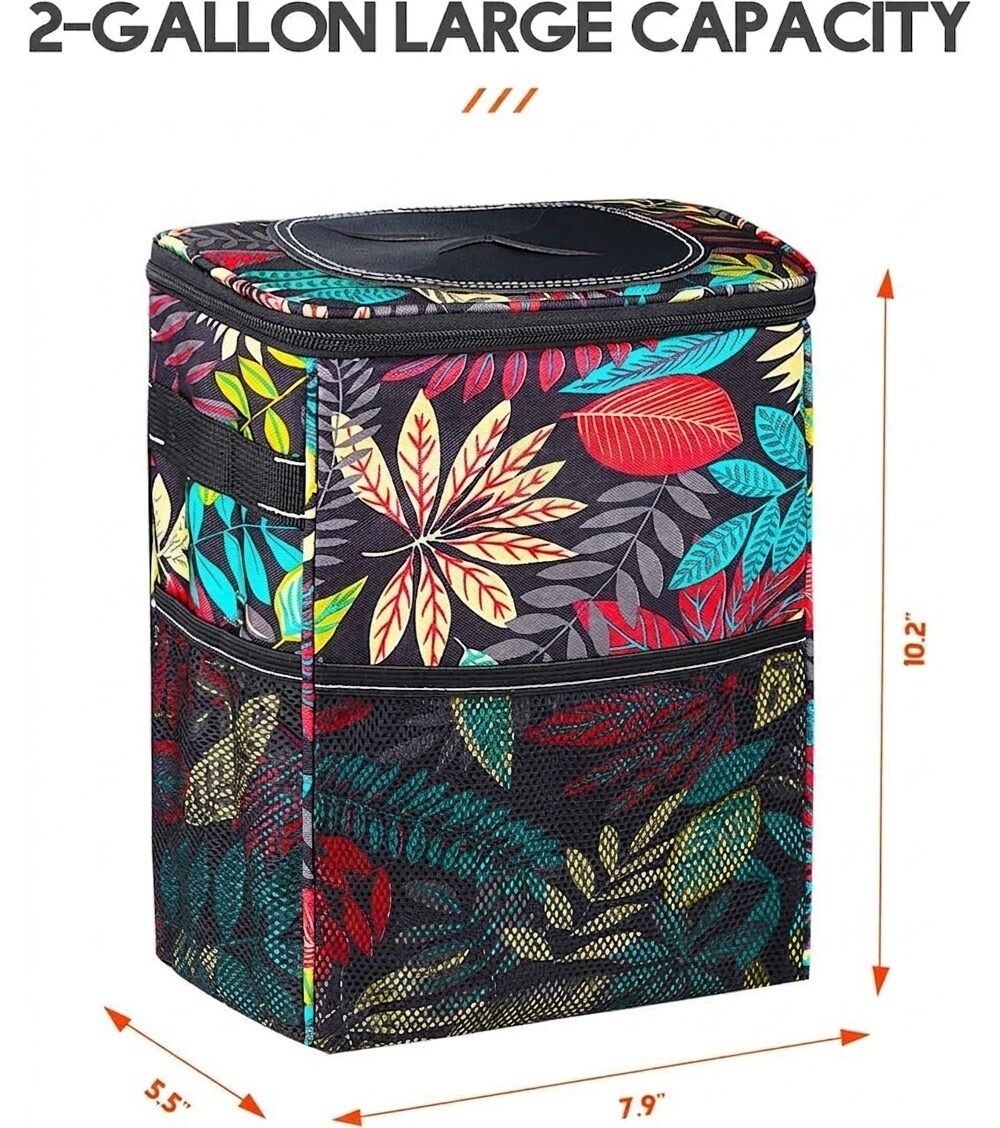 2-gallon car trash can with lid, autumn leaves fabric pattern and quilted sides