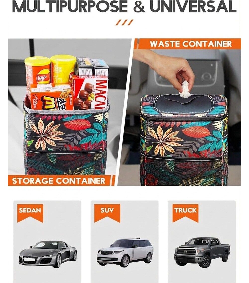 Car trash can organizer with lid, autumn leaves pattern, used as storage container