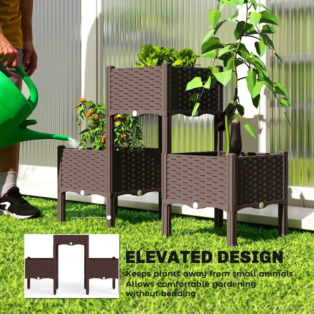 Three-piece elevated brown raised planter boxes with legs and front openings