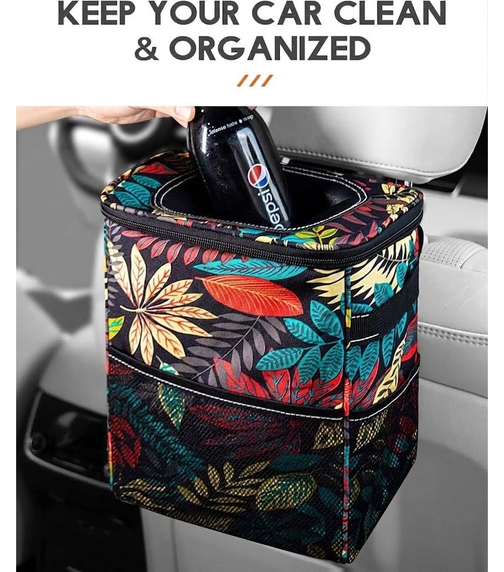 Car trash can with lid open, autumn leaves patterned fabric with zip-top opening