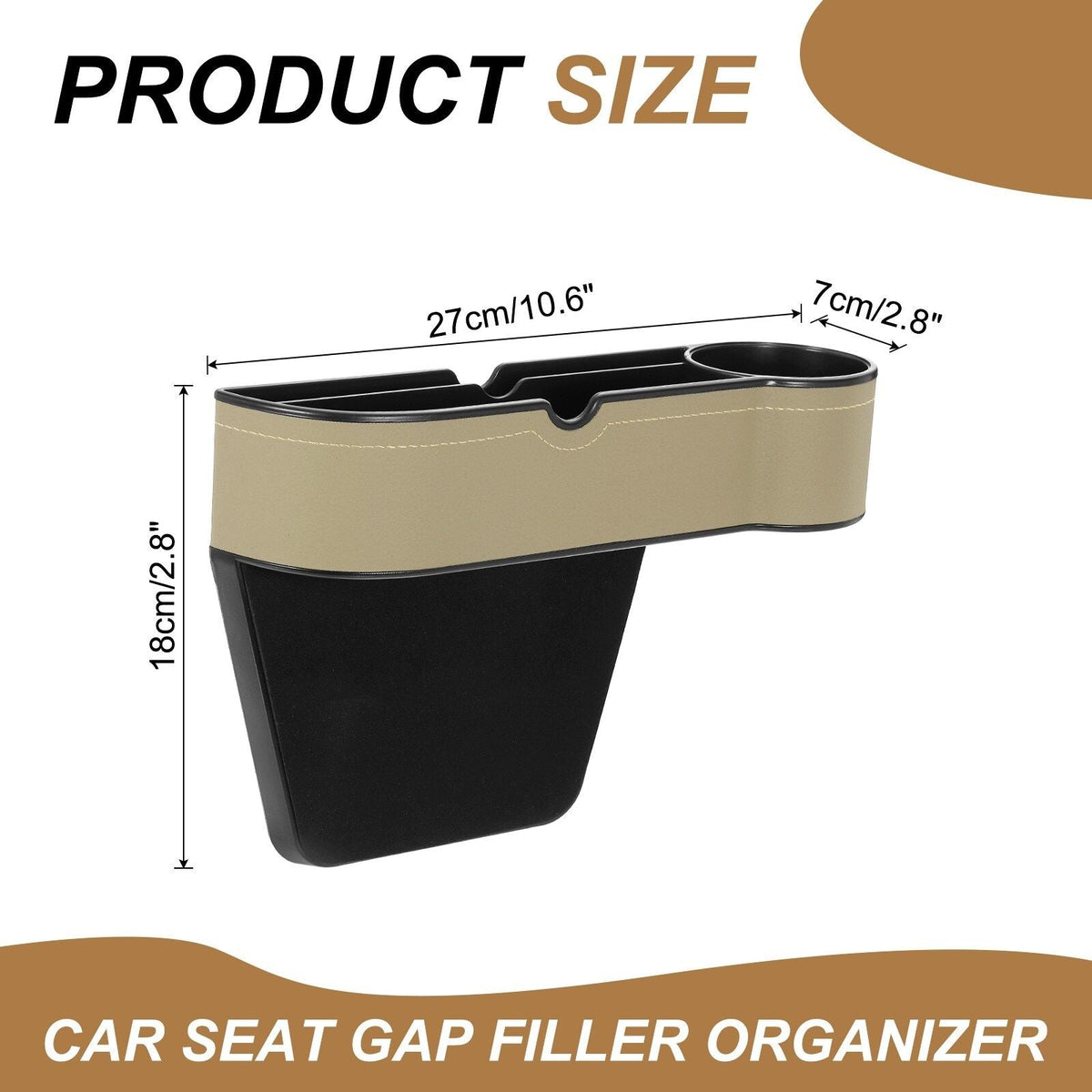 Car seat gap filler organizer in off-white and black with built-in cup holder