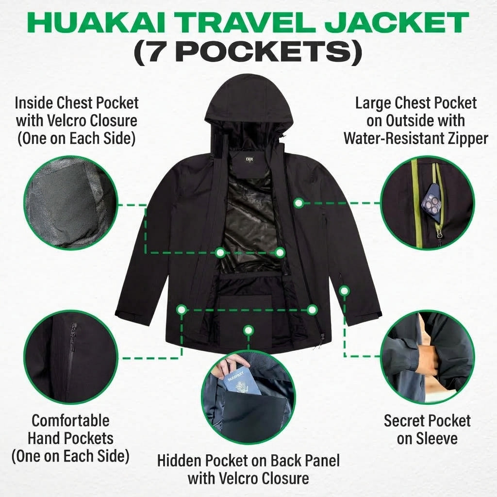 Black travel rain jacket front with hood and multiple zip pockets