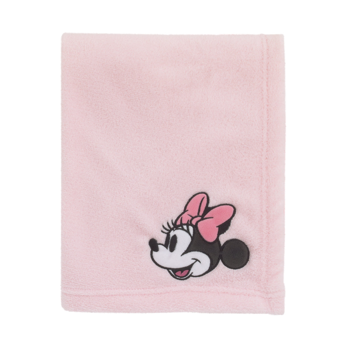 Pink baby blanket with embroidered Minnie Mouse face and bow