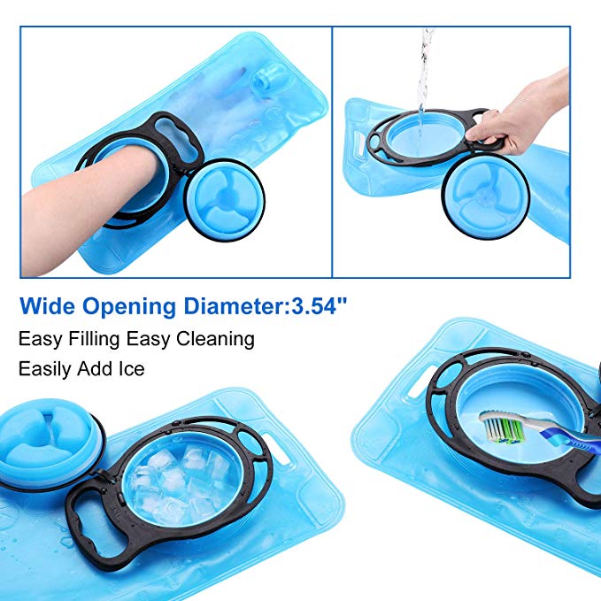 Transparent hydration bladder with wide opening and blue screw cap