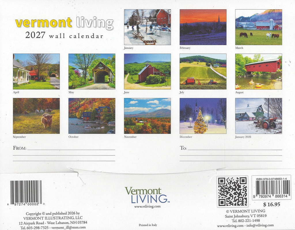 2027 Vermont Living wall calendar back with monthly photo grid, barcode, and contact info