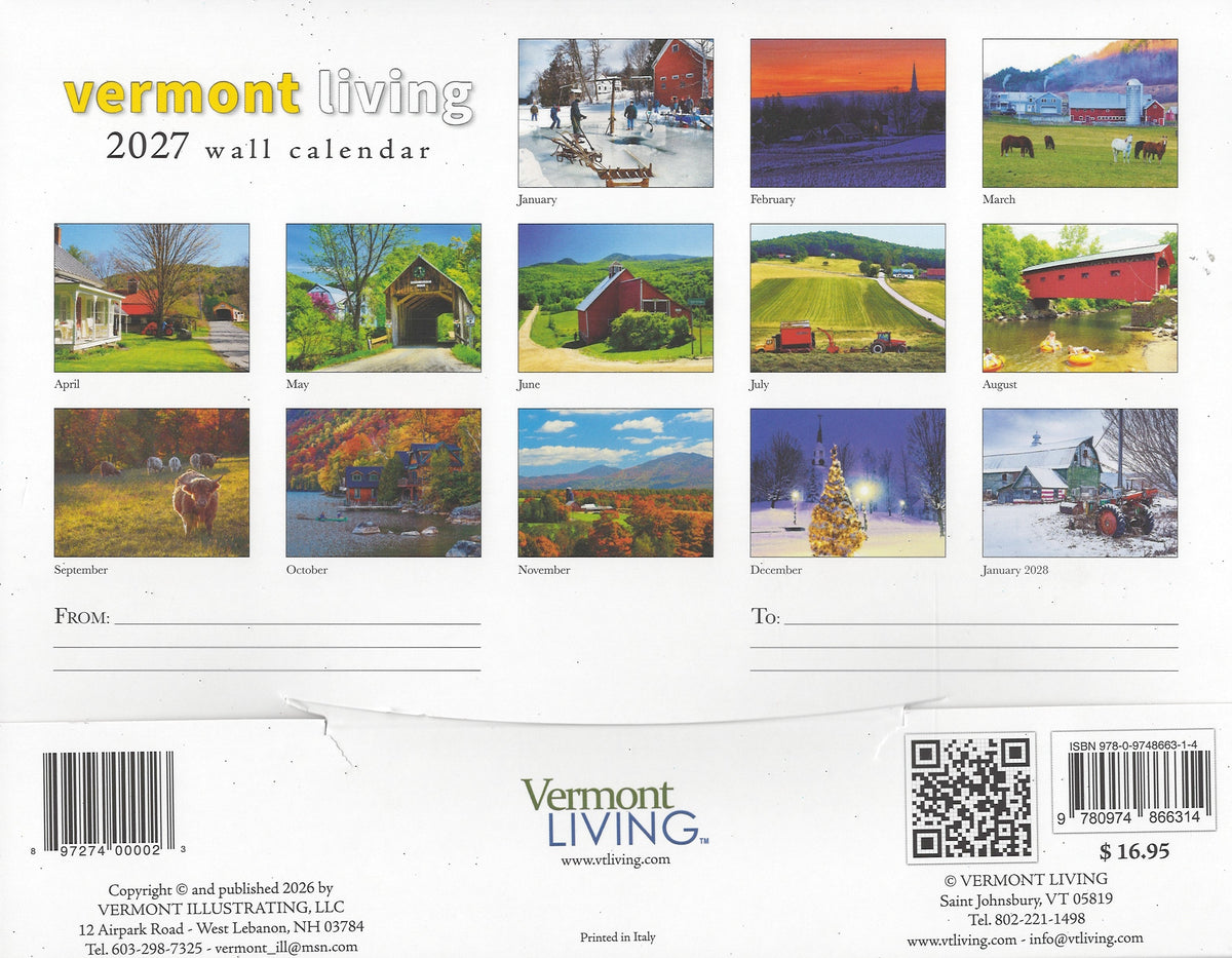 2027 Vermont Living wall calendar back with monthly photo grid, barcode, and contact info