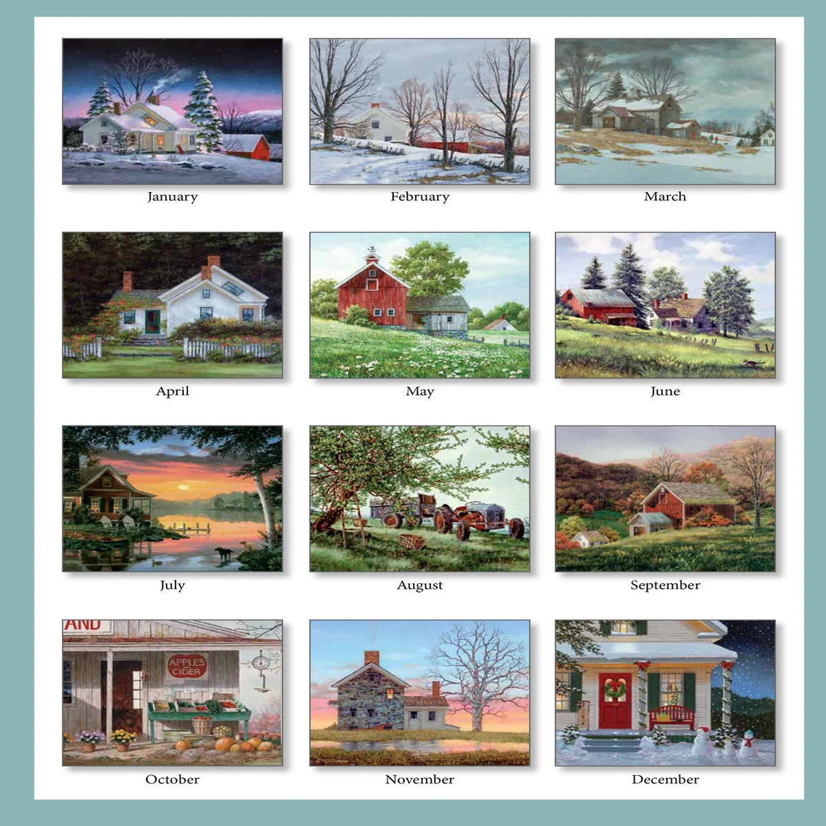 12-month spread of a 2027 calendar with monthly house scenes in frames