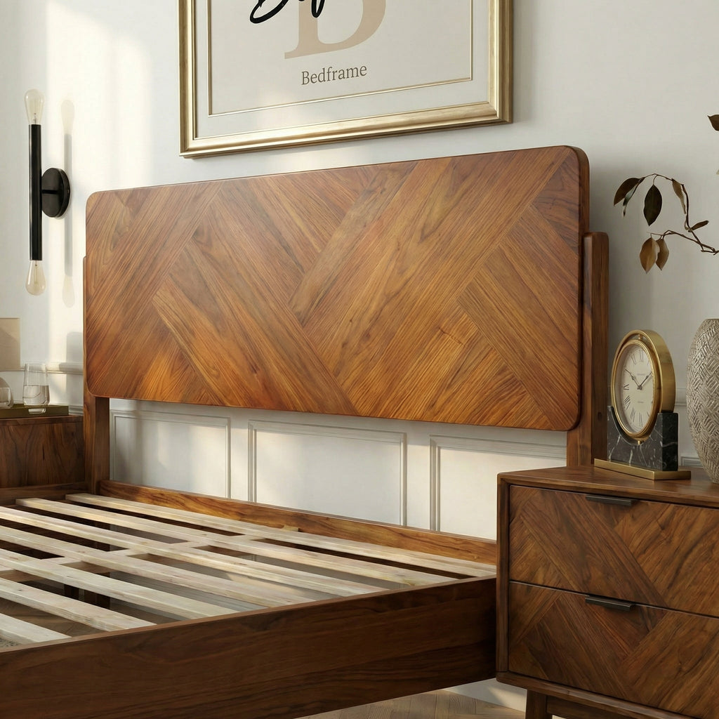 Caramel wood bed frame with tall headboard, slatted base, and wooden side rails