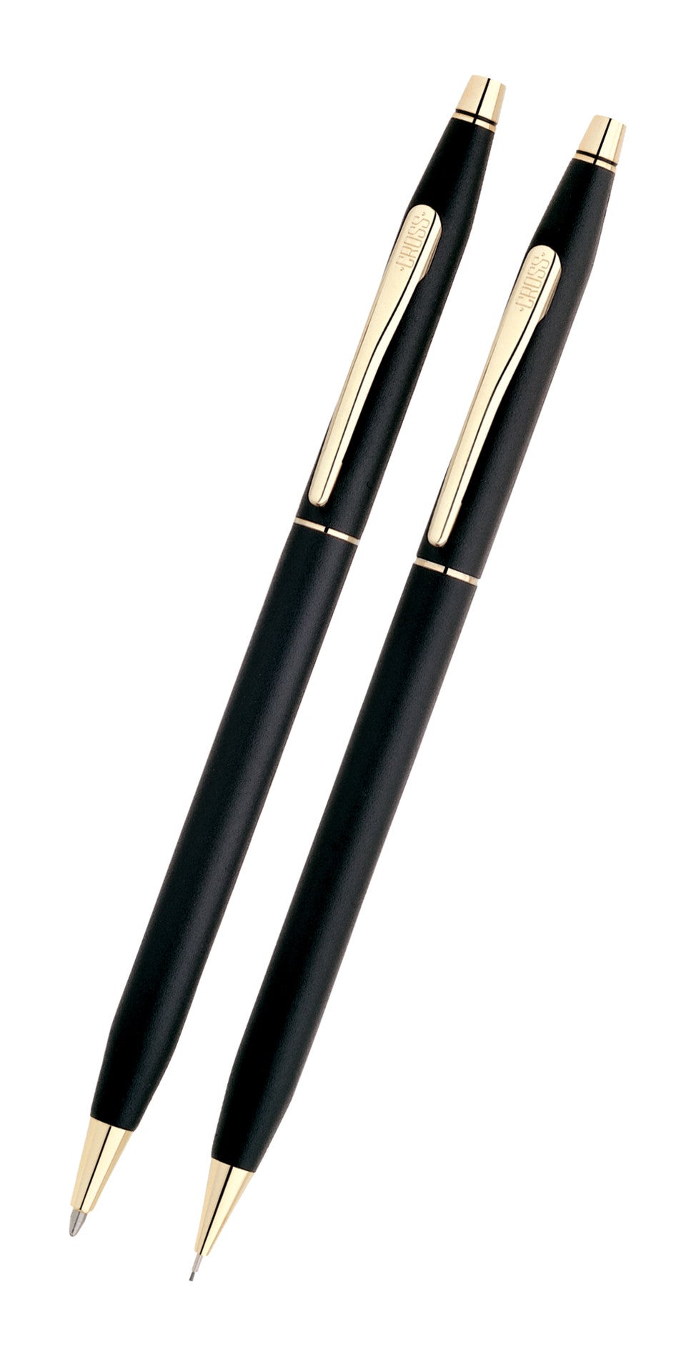 Black pen and pencil set with gold accents, pointed tips visible