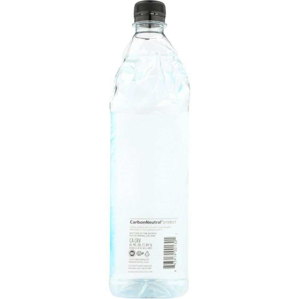 Natural spring water bottle with black cap, barcode label on back
