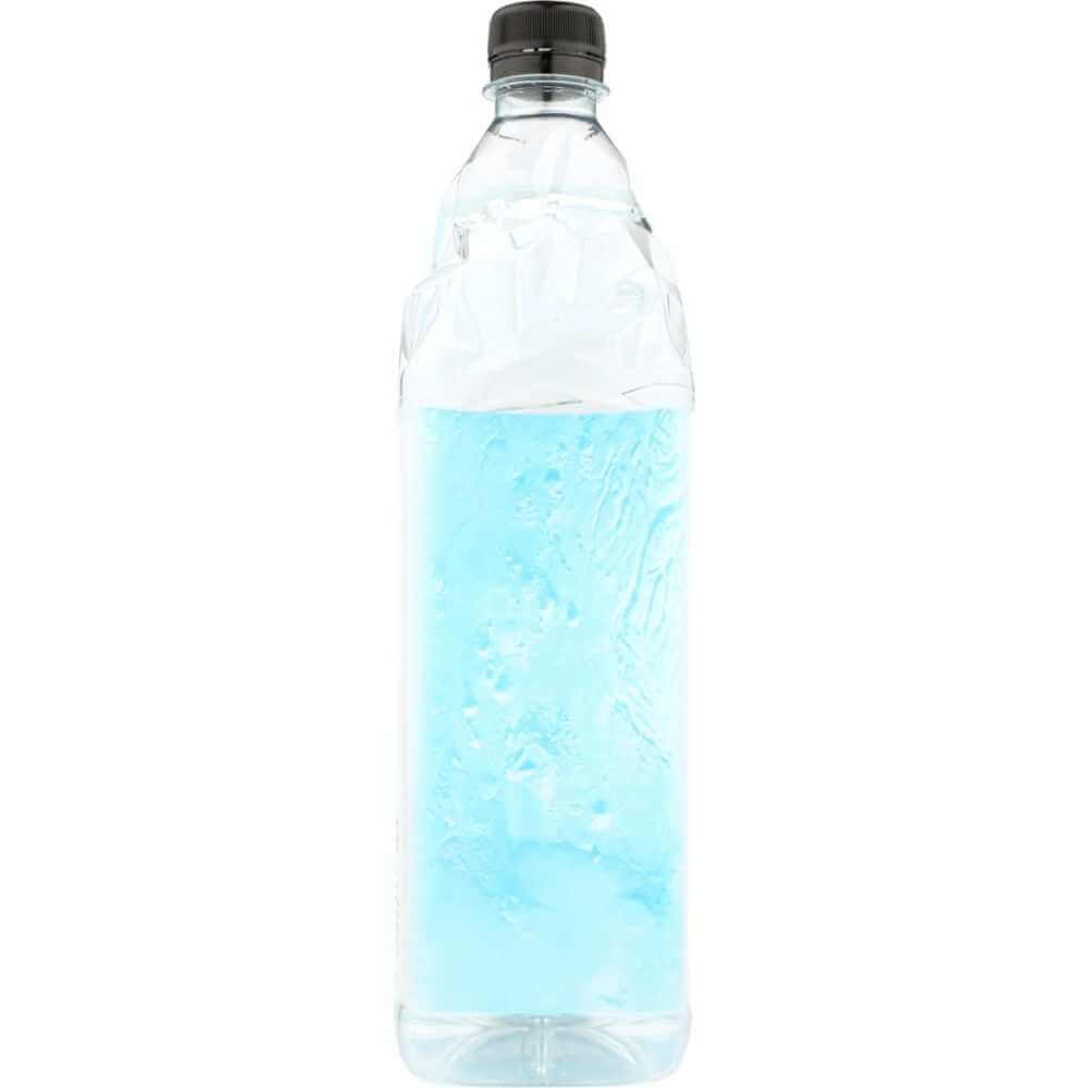 Natural spring water bottle with black cap, blue water visible through bottle