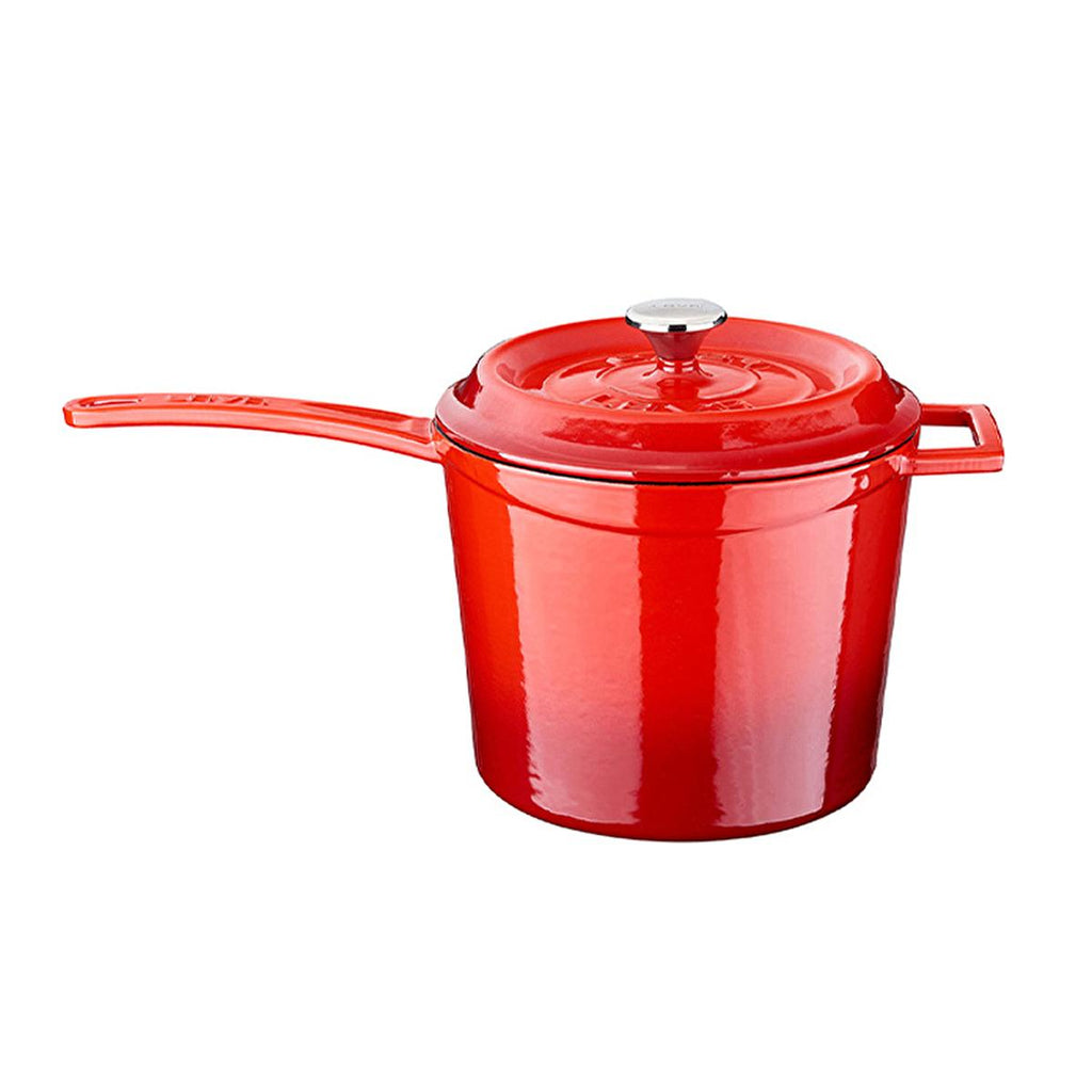 Red enameled cast iron sauce pot with lid knob and loop handle