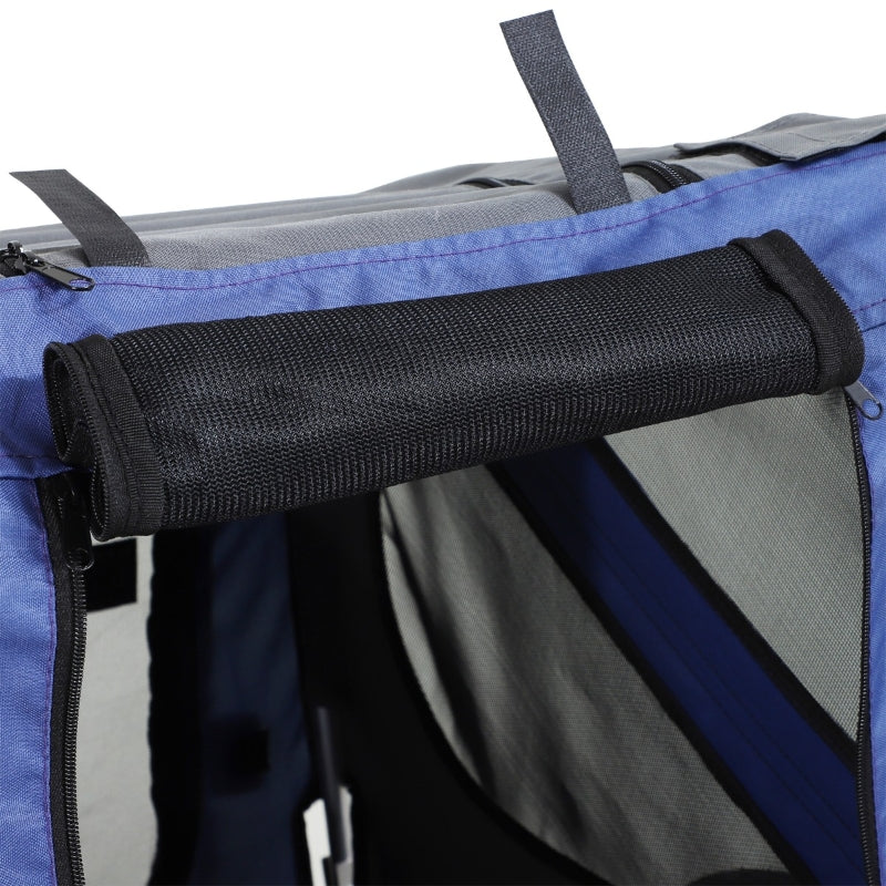 Close-up of blue pet bike trailer cart cover zipper and reinforced fabric strap