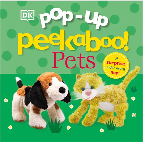 Pop-up board book cover with DK Pop-Up Peekaboo! Pets title and three pet characters