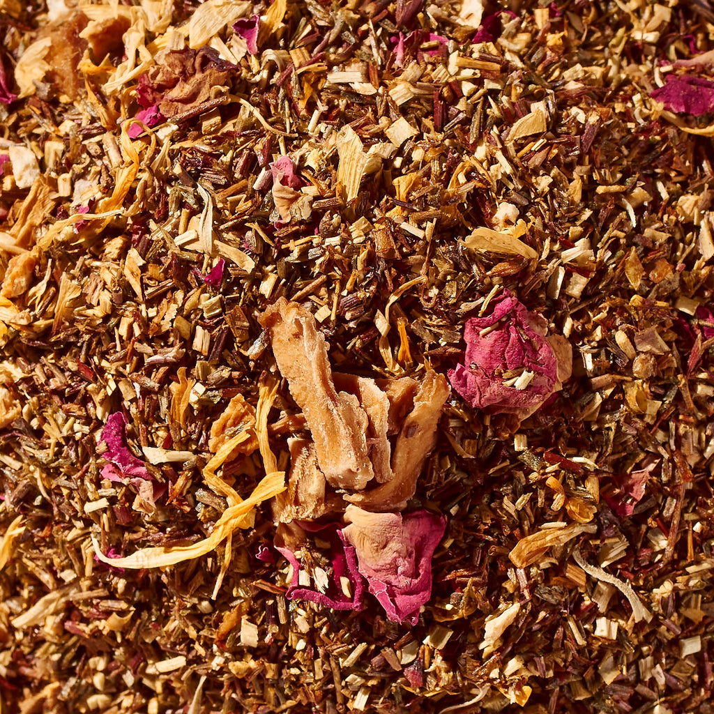 Close-up of Cape Carousel No. 63 herbal tea blend with dried rose petals
