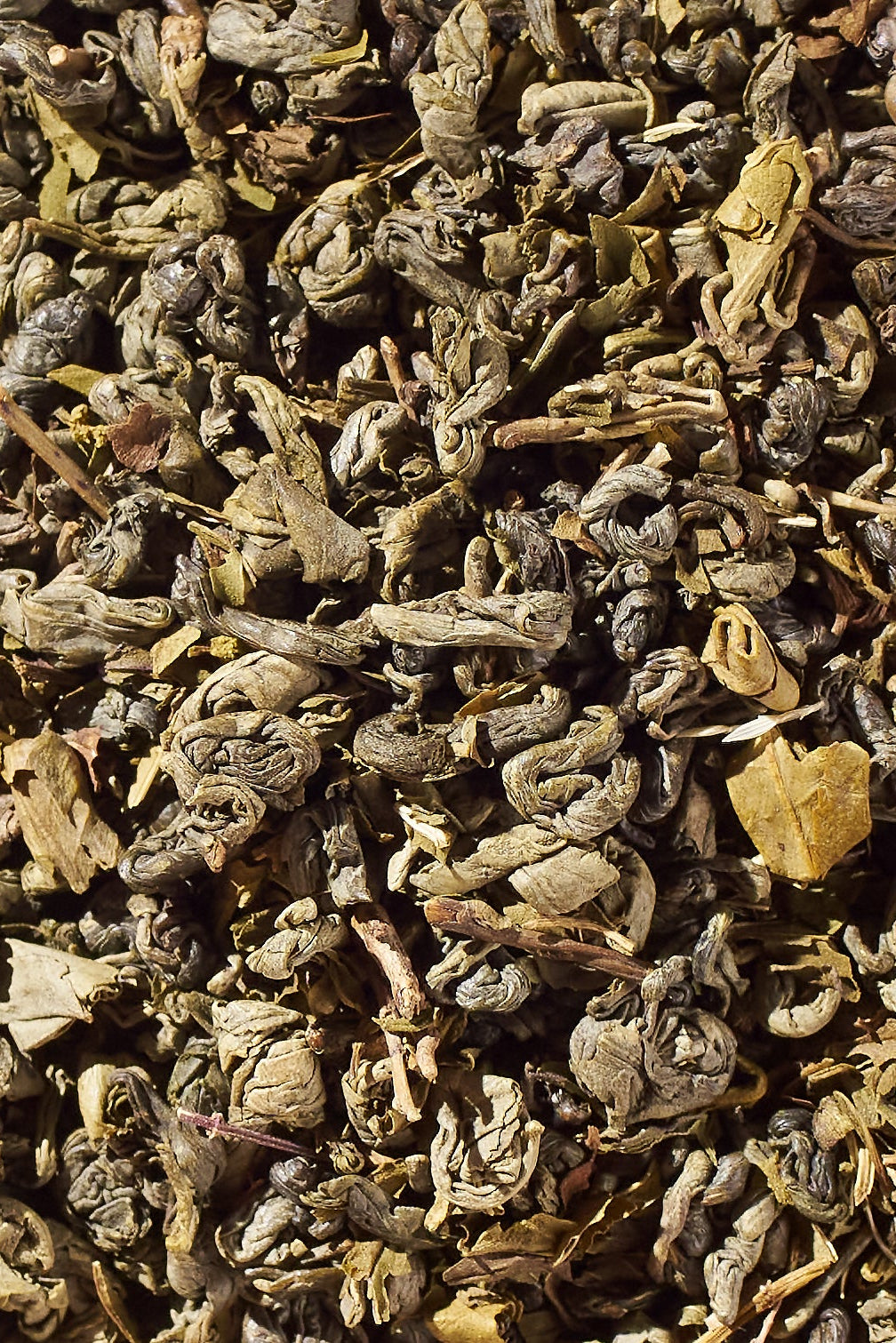 Close-up of loose Moroccan mint green tea leaves with stems and small pieces