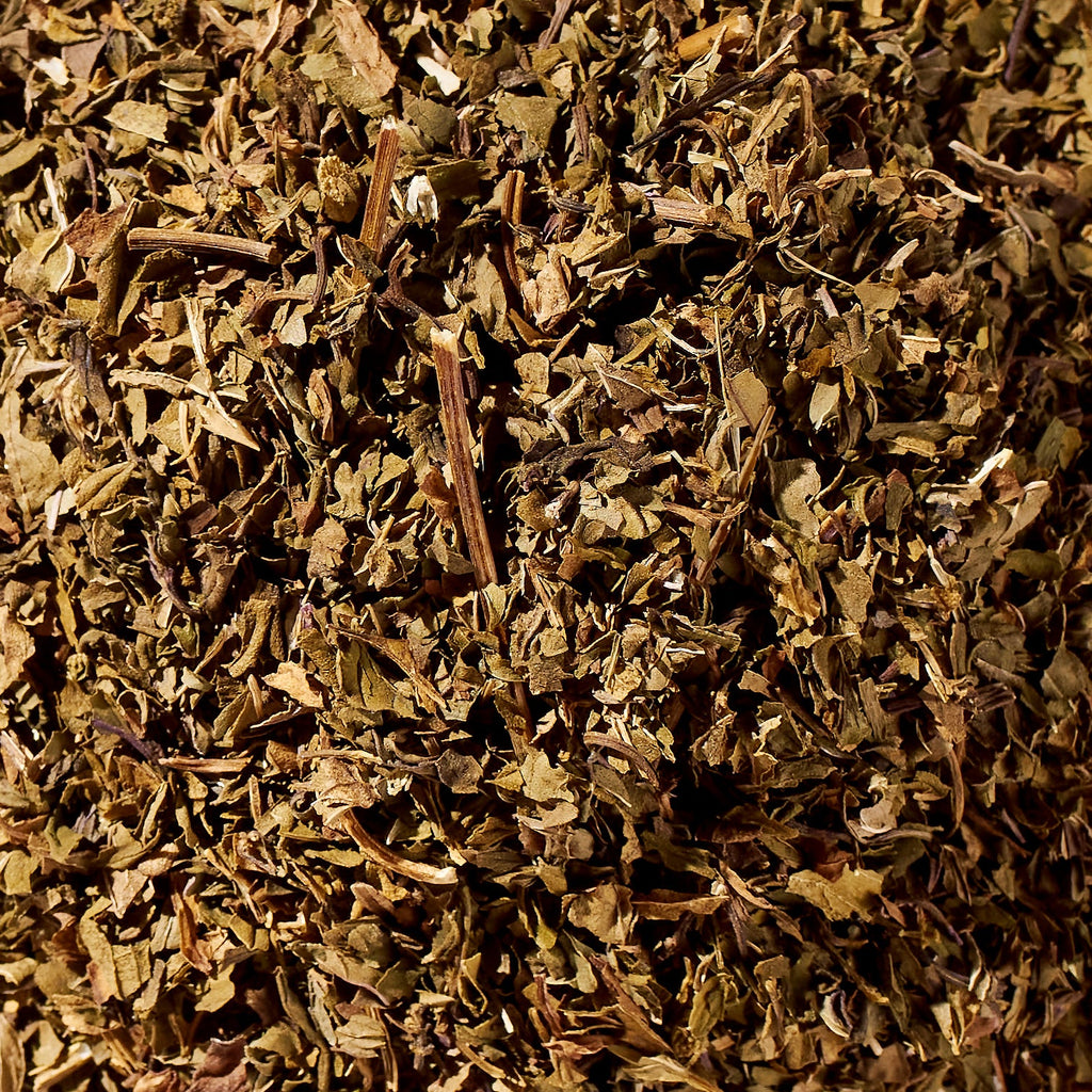 Close-up of loose peppermint tea leaves and stems