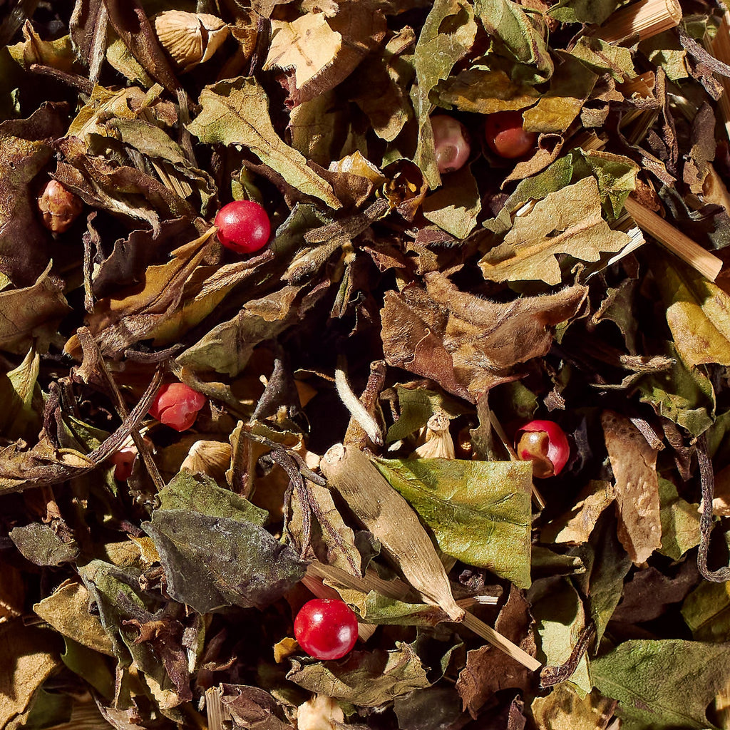 Loose white tea blend with herbs, spices, and red peppercorns