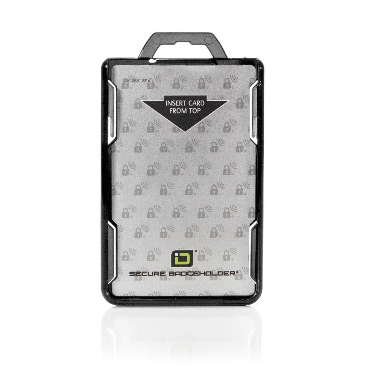 Black RFID-blocking portrait badge holder, front view with card insert opening