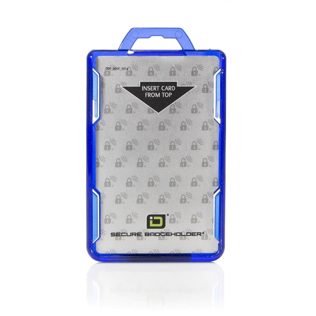 Blue RFID-blocking portrait badge holder, front view with top card insert window