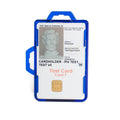 Blue badge holder with clear window and test ID card insert, dual hook style