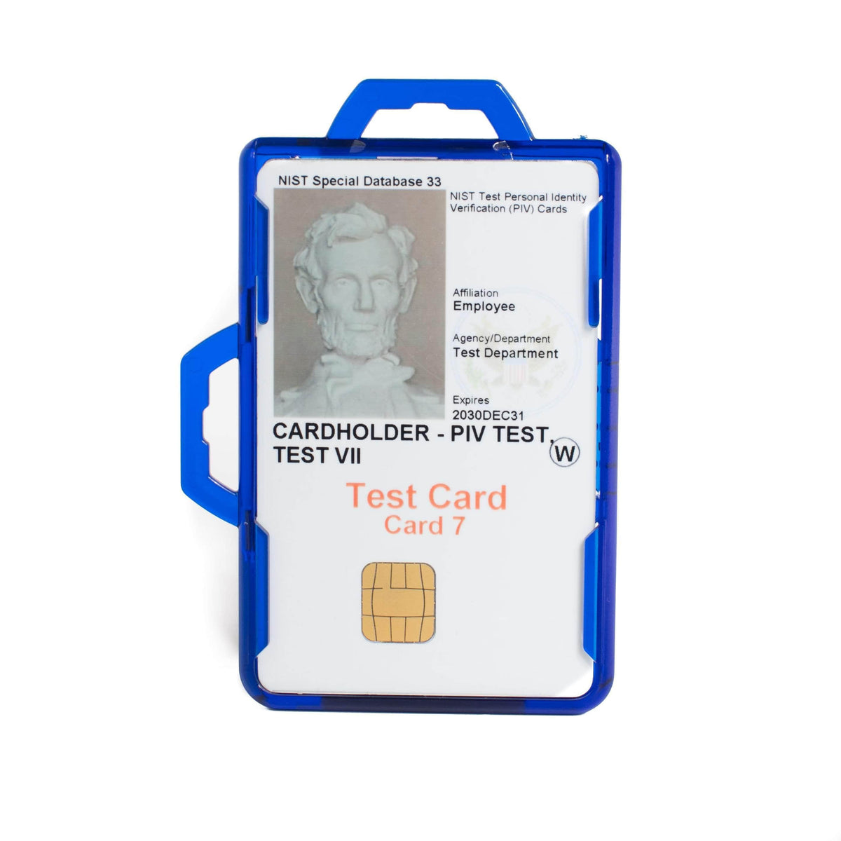 Blue badge holder with clear window and test ID card insert, dual hook style
