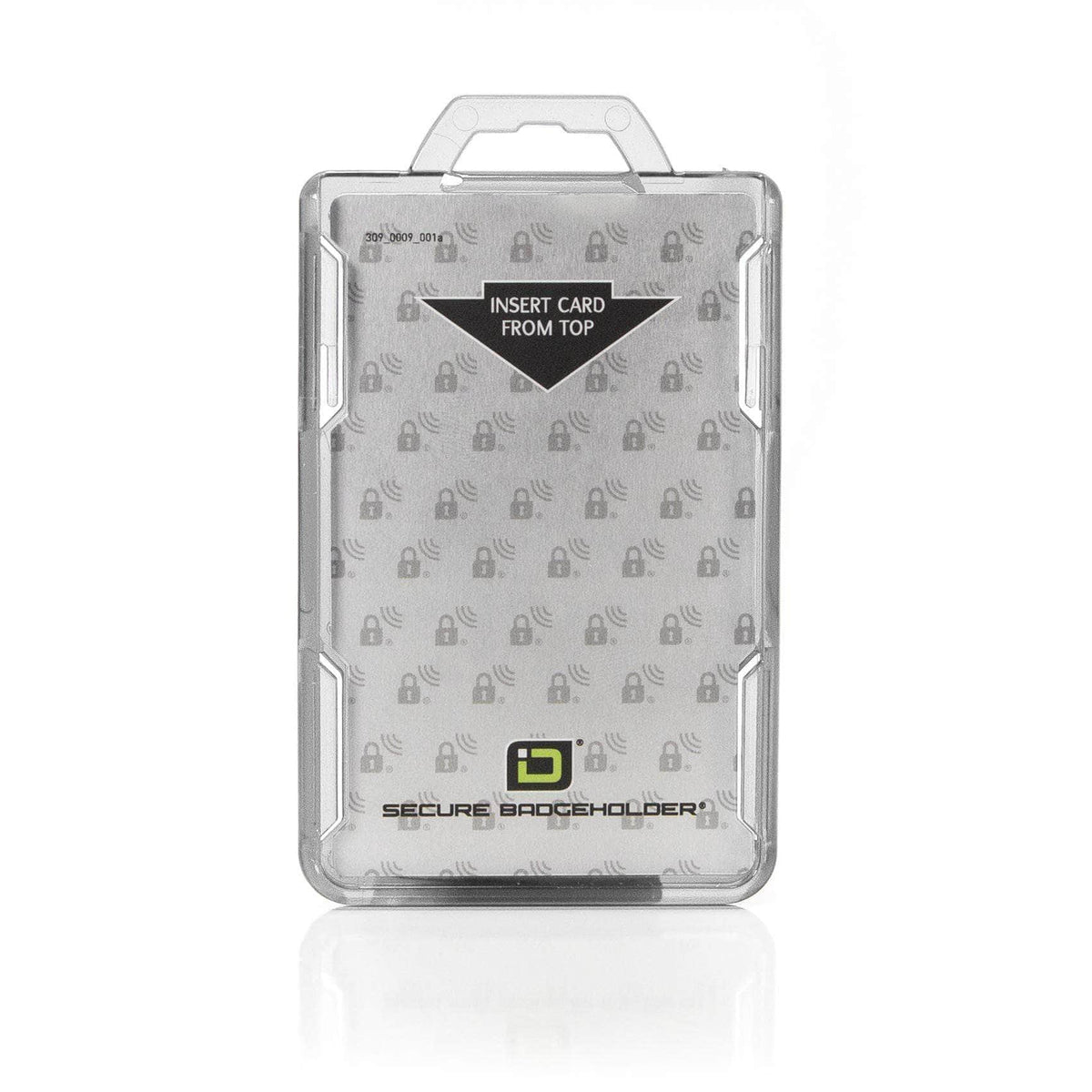 Clear RFID-blocking portrait badge holder, front view with top card insert window