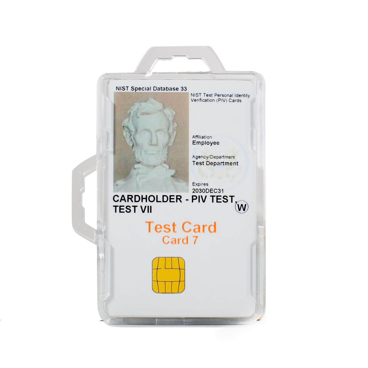 Clear badge holder with front clip and clear window, test ID card insert visible