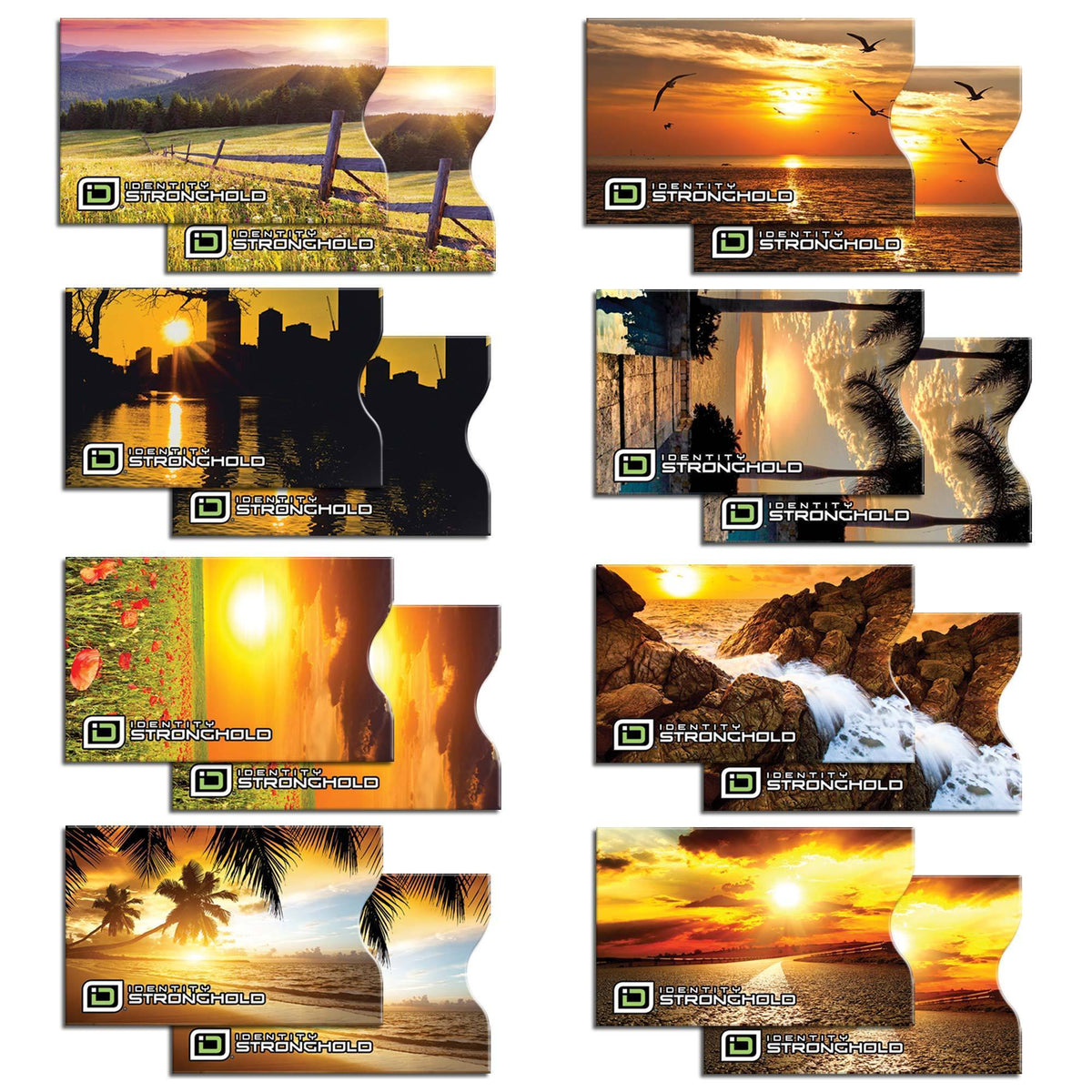 RFID blocking credit card sleeves, 16-pack, sunset landscape designs with Stronghold logo